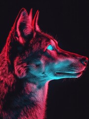 Aufkleber - A stylized profile of a wolf illuminated in vibrant pink and blue hues against a dark background.