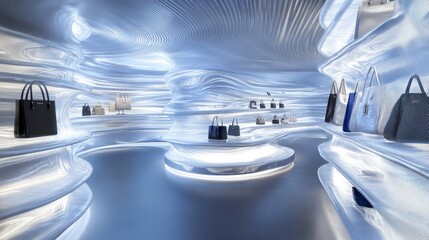 Poster - A futuristic retail space displaying elegant handbags in a sleek, modern environment.