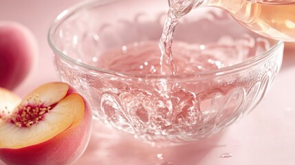 Poster - A glass bowl filled with pink liquid, surrounded by fresh peaches, creating a refreshing scene.