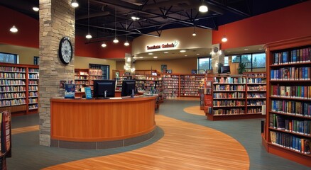 Aufkleber - A cozy bookstore interior with wooden shelves, a circular desk, and a welcoming atmosphere.