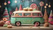 © Pastel - A whimsical vintage van adorned with colorful sweets, donuts, and candy, set against a festive backdrop of vibrant decorations.