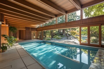 Poster - Indoor swimming pool with wooden beams and large windows overlooking a garden.