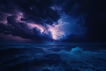 Wall Mural - Dark ocean storm with lighting and waves at night landscape