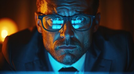 Poster - Focused businessman working late at night, illuminated by screen glow.