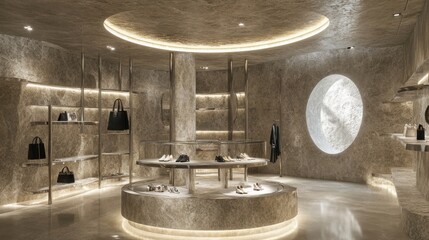 Aufkleber - A modern retail space showcasing luxury items with minimalist design and ambient lighting.