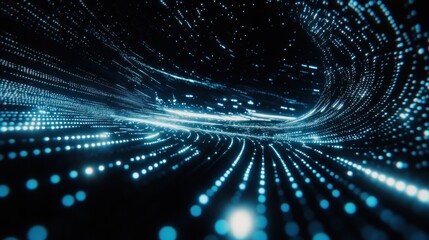 Poster - Abstract digital landscape with glowing particles and flowing lines.