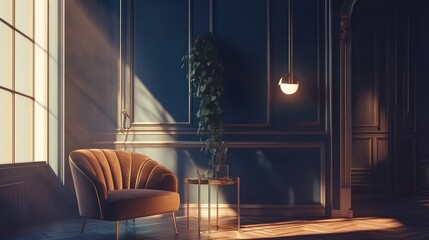 Poster - A cozy corner featuring a stylish chair, plant, and warm lighting in an elegant room.