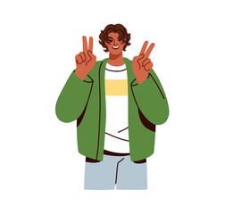 Poster - Man showing peace sign, victory fingers. Happy smiling young male character portrait with friendly hand gesture. Funny positive joyful pose. Flat vector illustration isolated on white background