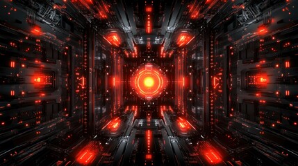 Poster - A futuristic, abstract digital tunnel with glowing red lights and a central orb.