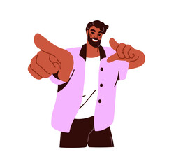Poster - Man pointing forward, choosing you. Happy smiling confident male character, hand gesture, showing with fingers, wanting and needing expression. Flat vector illustration isolated on white background