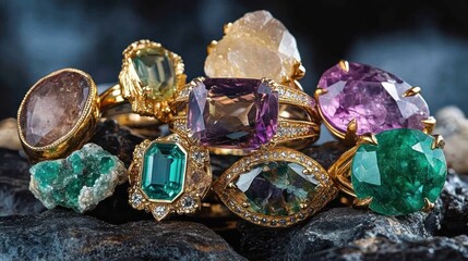Poster - A collection of ornate gold rings featuring various colorful gemstones.