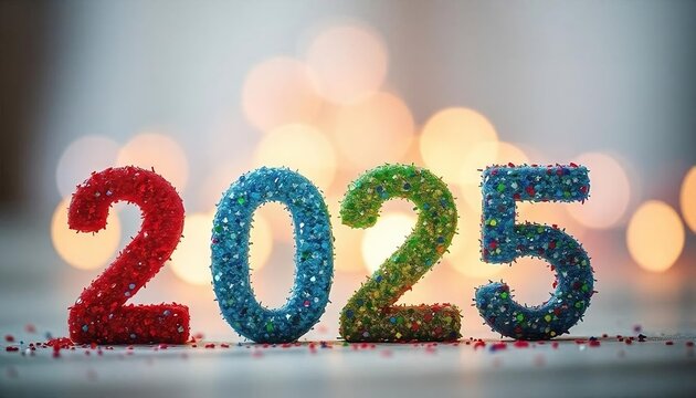 Happy New Year 2025,  a view of the numbers 2025 made of colorful glitter or sequins on a blurred background with bokeh lights, banner, poster, created with generativae ai