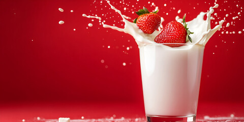 Strawberries Splashing into Milk Glass with Red Gradient Background

