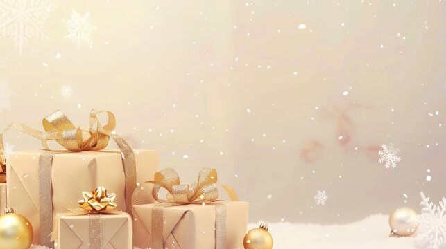 A banner, greeting card. Minimalistic & elegant Christmas holiday. Gift boxes wrapped in beige paper with golden ribbons, ornaments, snowflakes, and glittering decorations. Copyspace for texts