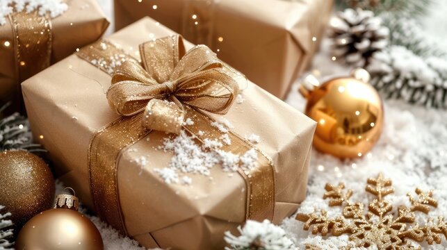 A banner, greeting card. Minimalistic & elegant Christmas holiday. Gift boxes wrapped in beige paper with golden ribbons, ornaments, snowflakes, and glittering decorations. Copyspace for texts