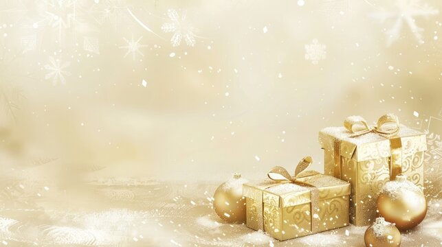 A banner, greeting card. Minimalistic & elegant Christmas holiday. Gift boxes wrapped in beige paper with golden ribbons, ornaments, snowflakes, and glittering decorations. Copyspace for texts