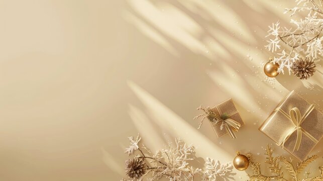 A banner, greeting card. Minimalistic & elegant Christmas holiday. Gift boxes wrapped in beige paper with golden ribbons, ornaments, snowflakes, and glittering decorations. Copyspace for texts