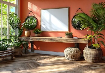 Wall Mural - Sunlit Tropical Room Decor With Wooden Console Table