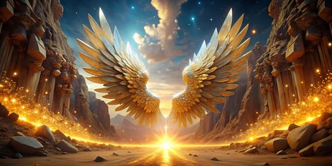 Wall Mural - Majestic Golden Wings in Dreamy Landscape