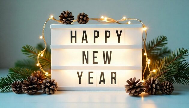 Happy New Year 2025,  A white lightbox with the text HAPPY NEW YEAR surrounded by pine branches, pine cones, and string lights on a light background, banner, poster, created with generativae ai