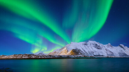 Wall Mural - aurora borealis in scandinavia. norway, lofoten islands. northern lights over the mountains. starry 