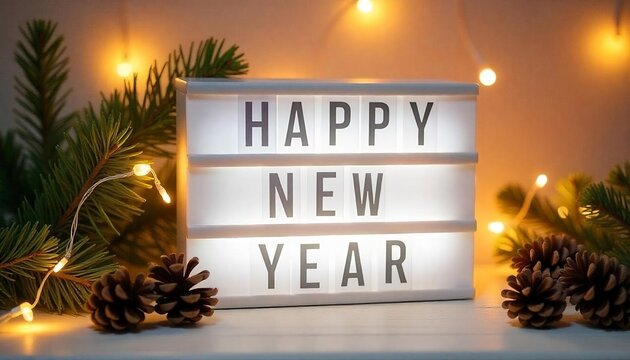 Happy New Year 2025,  A white lightbox with the text HAPPY NEW YEAR surrounded by pine branches, pine cones, and string lights on a light background, banner, poster, created with generativae ai