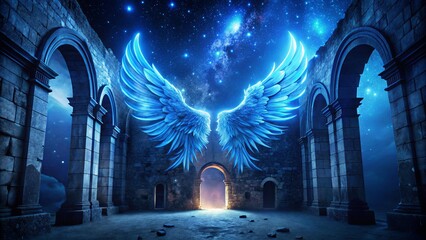 Wall Mural - ethereal angel wings in a cosmic stone archway