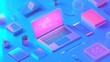 © Chaikit - digital learning environment, hand gesture interaction, holographic educational symbols, connected network visualization, cool blue tech aesthetic, laptop and smartphone accessories, minimalist desk