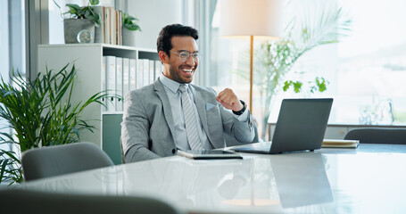 Aufkleber - Happy, businessman and laptop with winning for good news, financial profit or online credit report. Asian man, accountant or finance with smile on computer for salary increase or return on investment