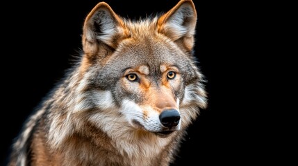  The dark silhouette of a majestic adult wolf stands out against the stark black background, its piercing eyes and pointed ears giving it a sense of wild power and mystery.