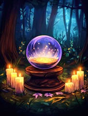 Wall Mural - enchanted crystal ball with vibrant glowing light, surrounded by candles in a moonlit forest, perfec