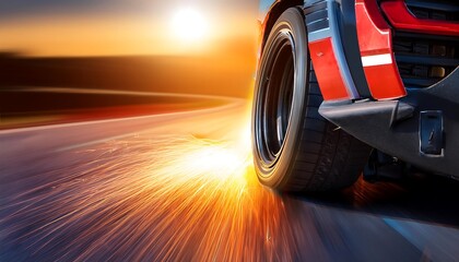 Poster - Car tire creating sparks on a racetrack at sunset.