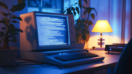 Old fashioned computer screen with code, illuminated by blue light, creates a nostalgic tech ambiance