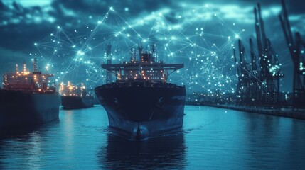 Poster - A futuristic cargo ship navigating a digitally connected port at night.