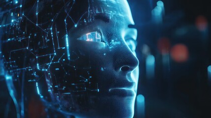 Poster - A futuristic digital face with glowing circuitry, representing advanced technology and AI.