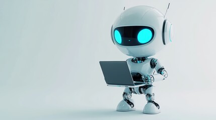 Poster - a futuristic robot with headphones using a laptop against a minimalistic background.