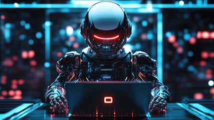Aufkleber - A futuristic robot working on a laptop in a high-tech environment.