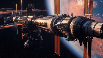 Poster - A futuristic space station orbiting a planet, showcasing advanced technology and design.