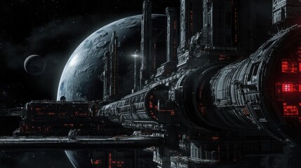 Poster - A futuristic space station near a planet, showcasing advanced technology and cosmic scenery.