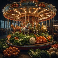 Depict a whimsical vegetable carousel with animals made of veggies.