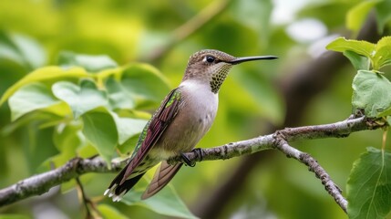Poster - A hummingbird perched on a branch amidst green leaves.