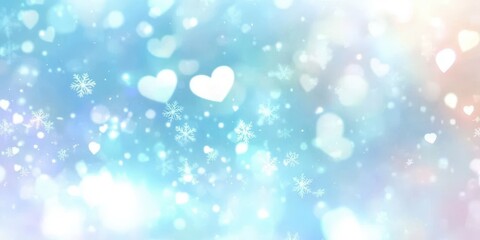 Poster - Abstract Light Blue Background with White Blurred Snowflakes and Hearts for Winter or Holiday Themes in Digital Design Projects