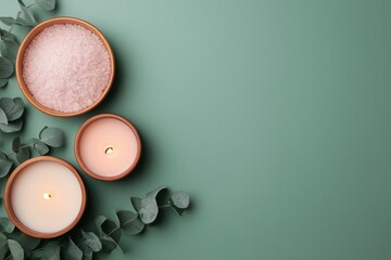 Poster - Relaxing spa setting featuring eucalyptus leaves, bath salts, and burning candles on green background