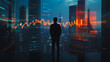 © Teeraphon - Abstract business man stands on the peak of success amid tall, innovative Smart city and graphs with statistics to analyze business potential and predict future developments in company growth.