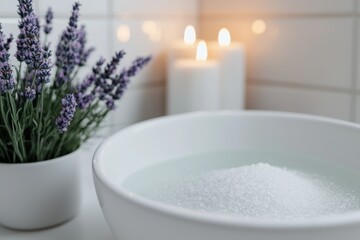 Poster - Preparing relaxing bath with lavender and epsom salt in candlelight