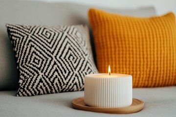 Aufkleber - Burning candle creating cozy ambiance in modern living room