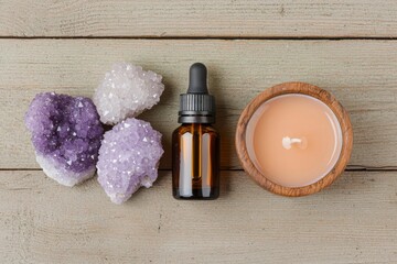 Poster - Essential oils, crystals, and scented candle creating inner calm on wooden table
