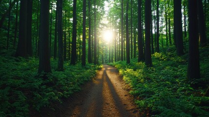 Poster - Sunlight filtering through trees on forest path at sunset