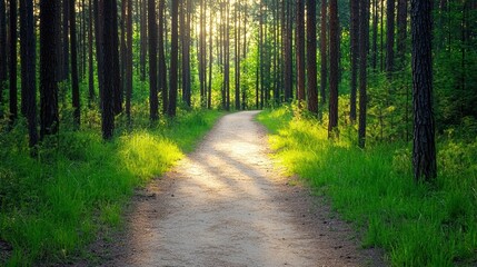 Poster - Sunlight filtering through trees on a serene forest path