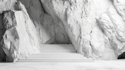 Aufkleber - A minimalist staircase set against a textured rock wall in a monochromatic environment.